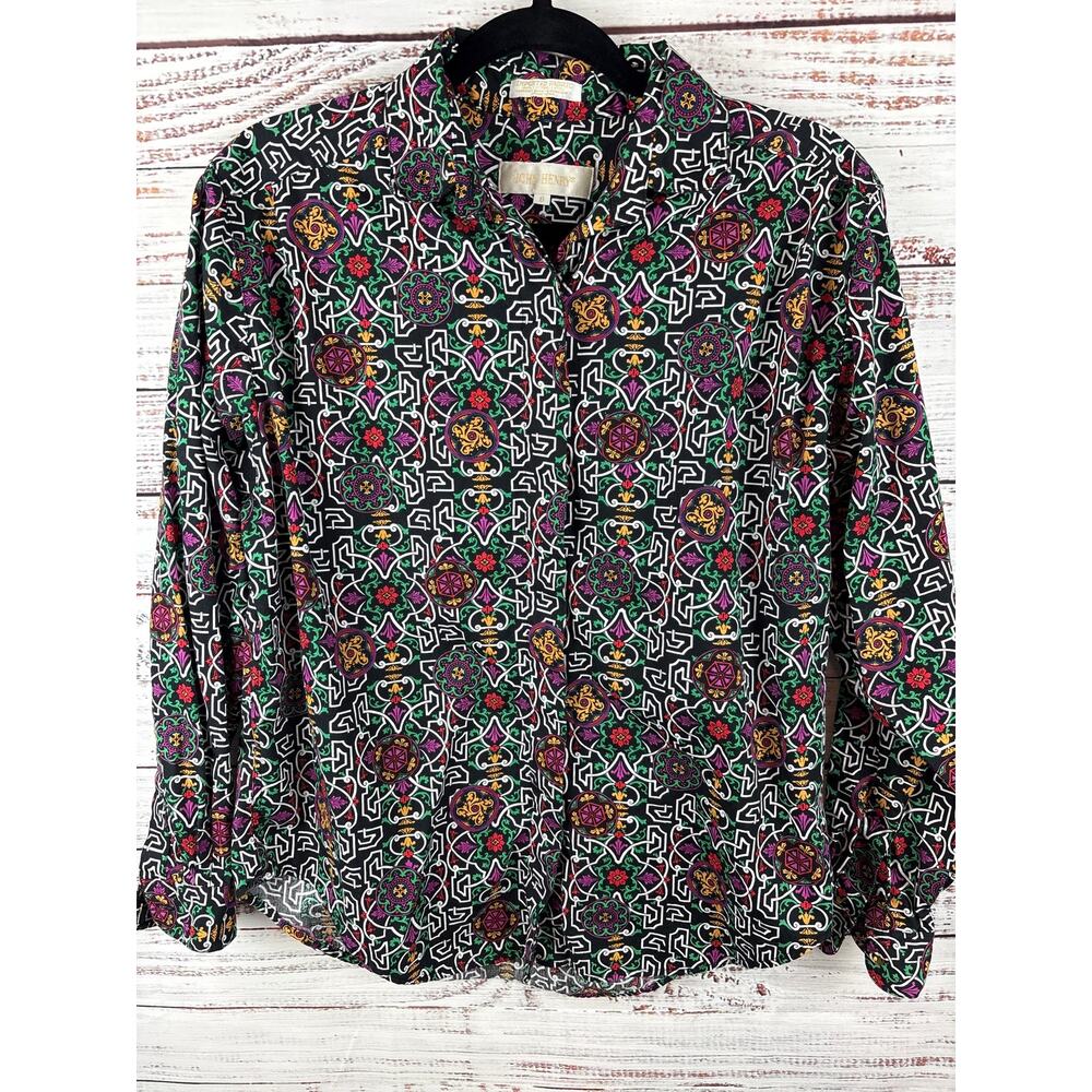 Womens VTG John Henry Black Purple Red Bold Geometric Print Button Up Shirt Sz 8